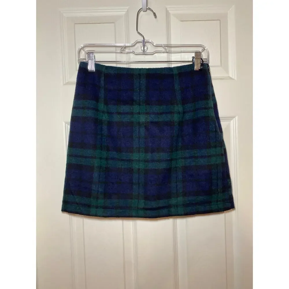 Green & Blue Plaid Mini Skirt Dark Academia Preppy Wool Blend S